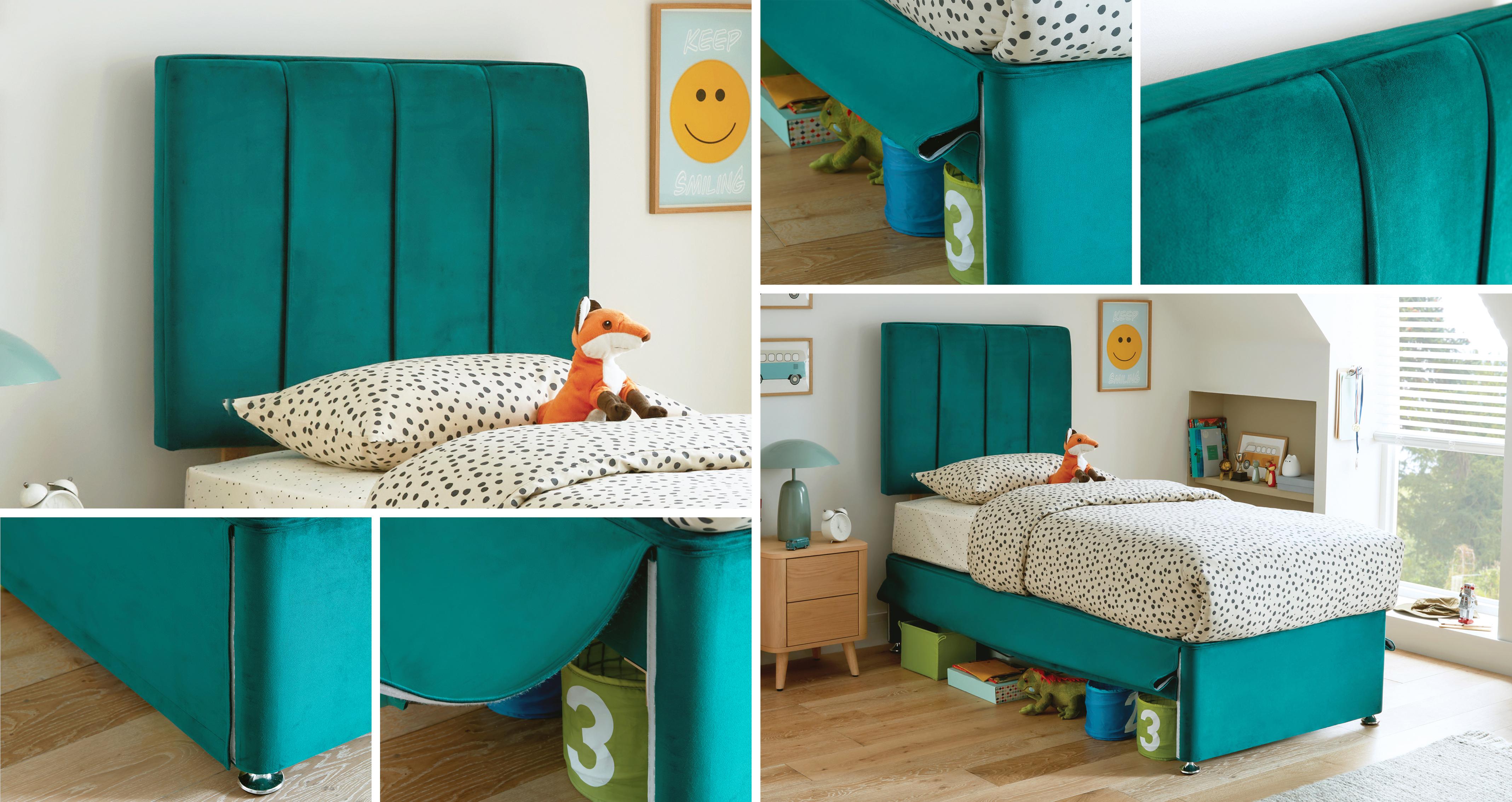Geo Single Store Away Base, Headboard and Little Bedz Glow Mattress in Bea Velvet Teal