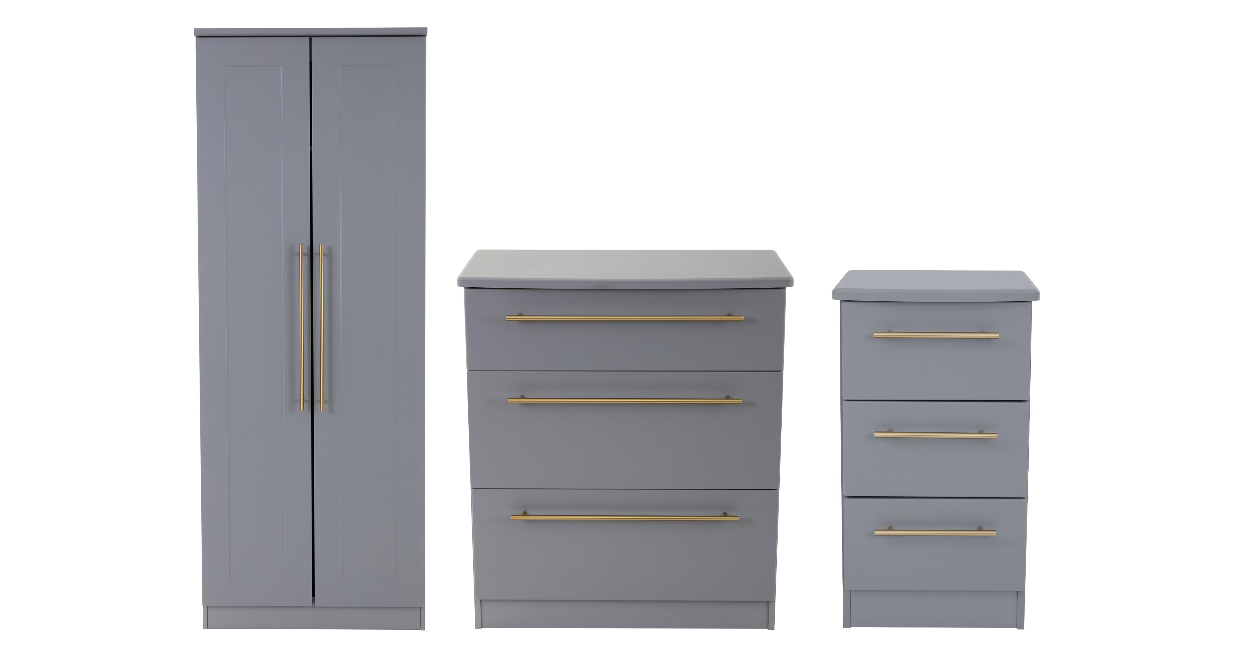 3 Drawer Bedside Cabinet, 3 Drawer Deep Chest & 2 Door Wardrobe Bundle