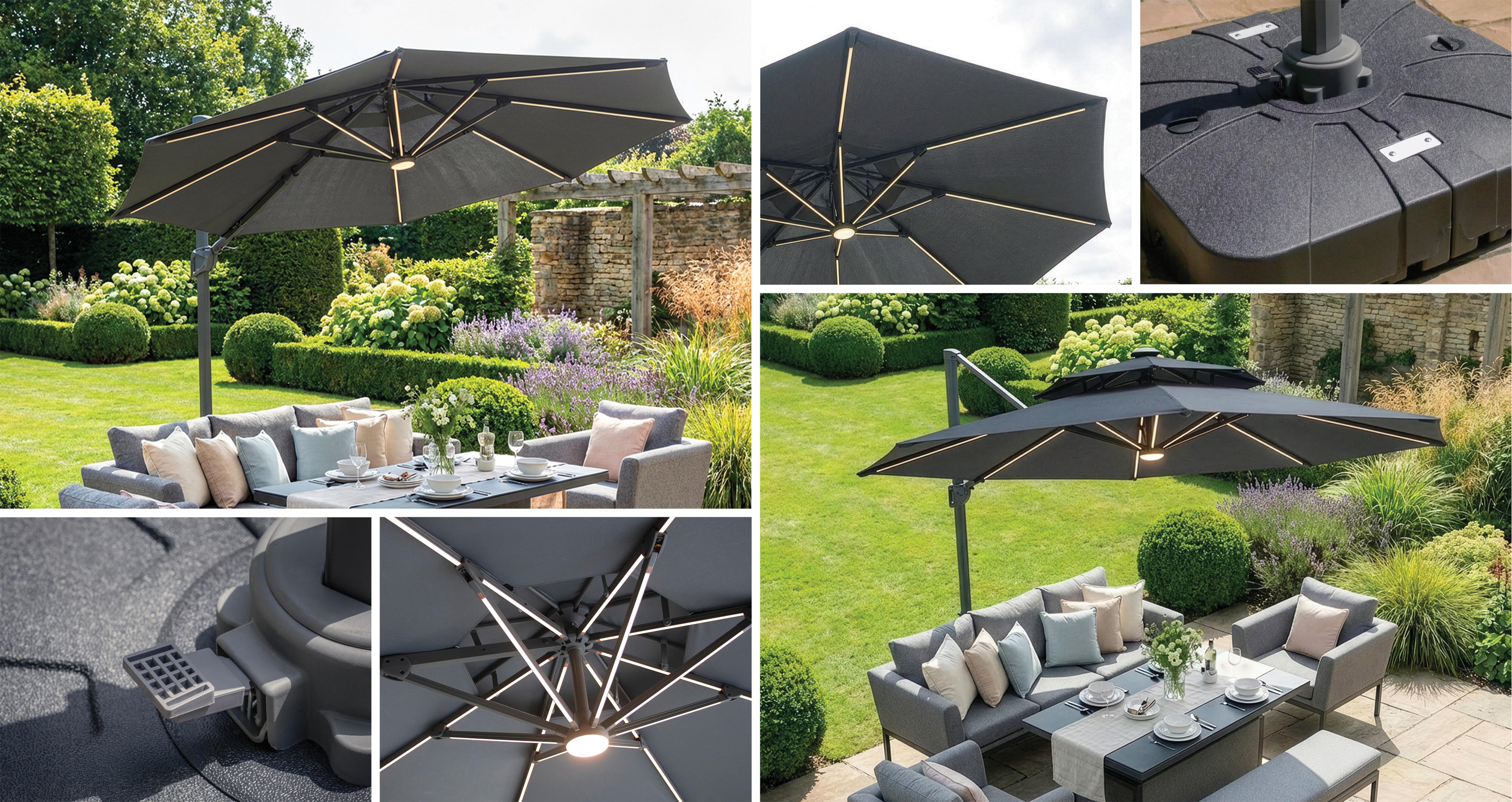 Kavala Round LED 3m Rotating Cantilever Parasol in Kavala Charcoal Grey