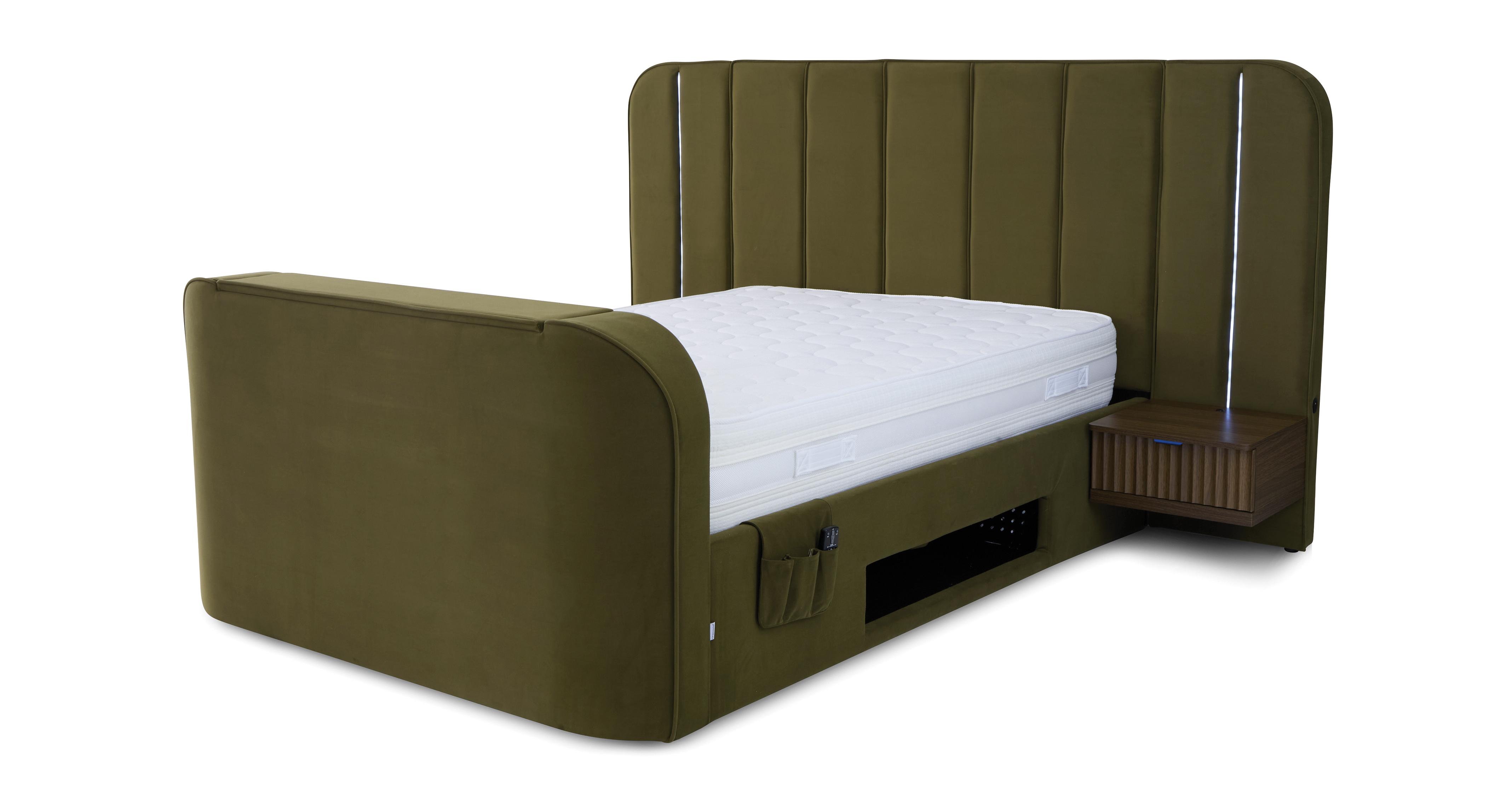 Laia Super King Size Ottoman Bedframe in Laia Velvet Olive and Walnut Olive and Walnut