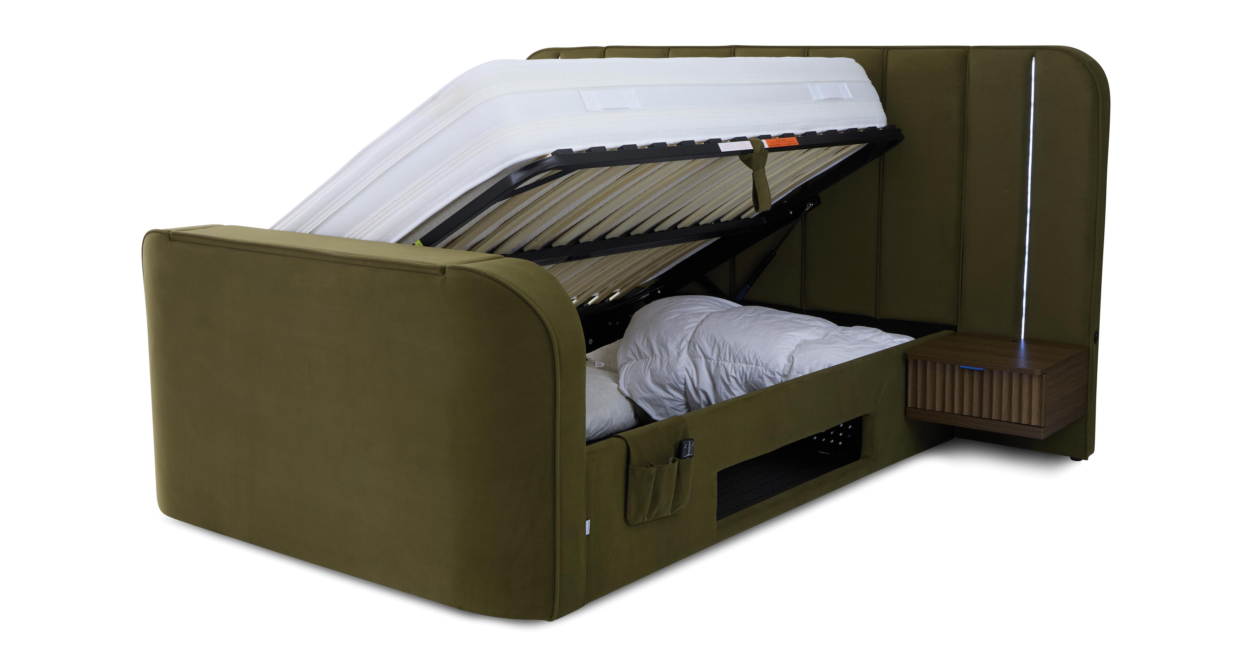 Laia Super King Size Ottoman Bedframe in Laia Velvet Olive and Walnut Olive and Walnut
