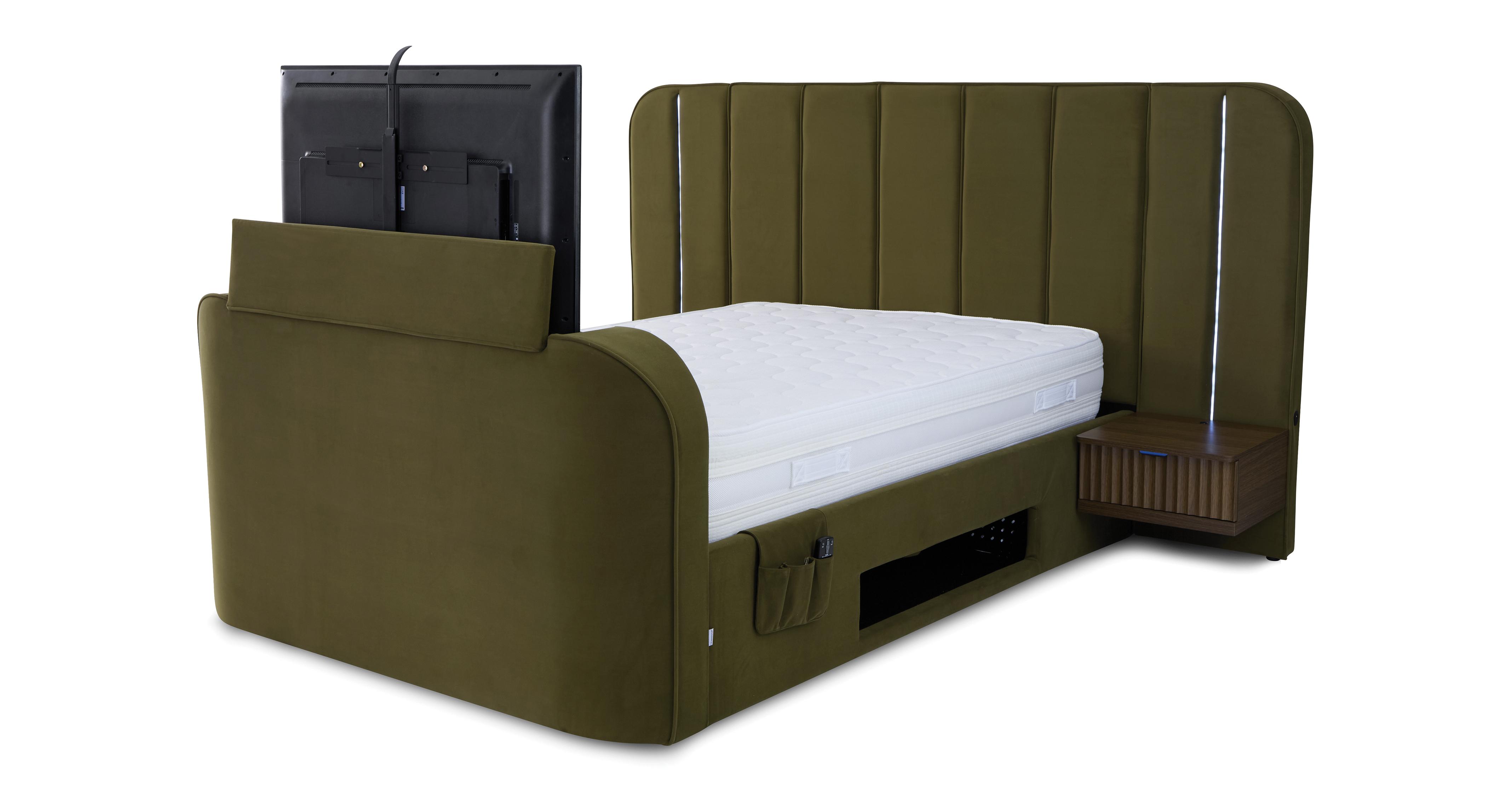 Laia Super King Size Ottoman Bedframe in Laia Velvet Olive and Walnut Olive and Walnut