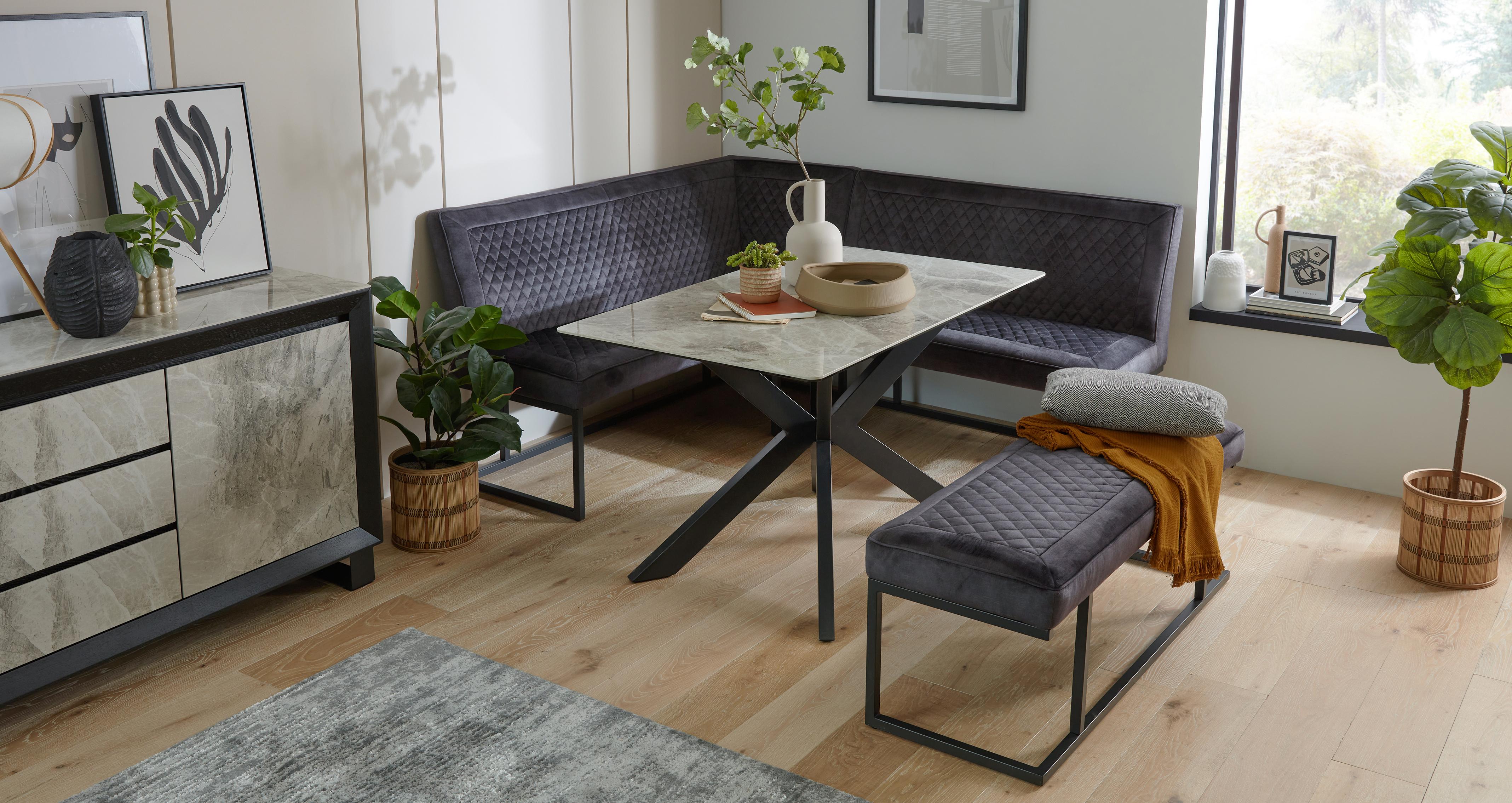 Landan Extending Dining Table & Left Hand Facing Corner Bench Set in Landan Black and Grey