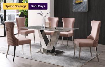 Fixed Table & 4 Blush Velvet Upholstered Chairs