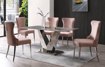 Fixed Table & 4 Blush Velvet Upholstered Chairs