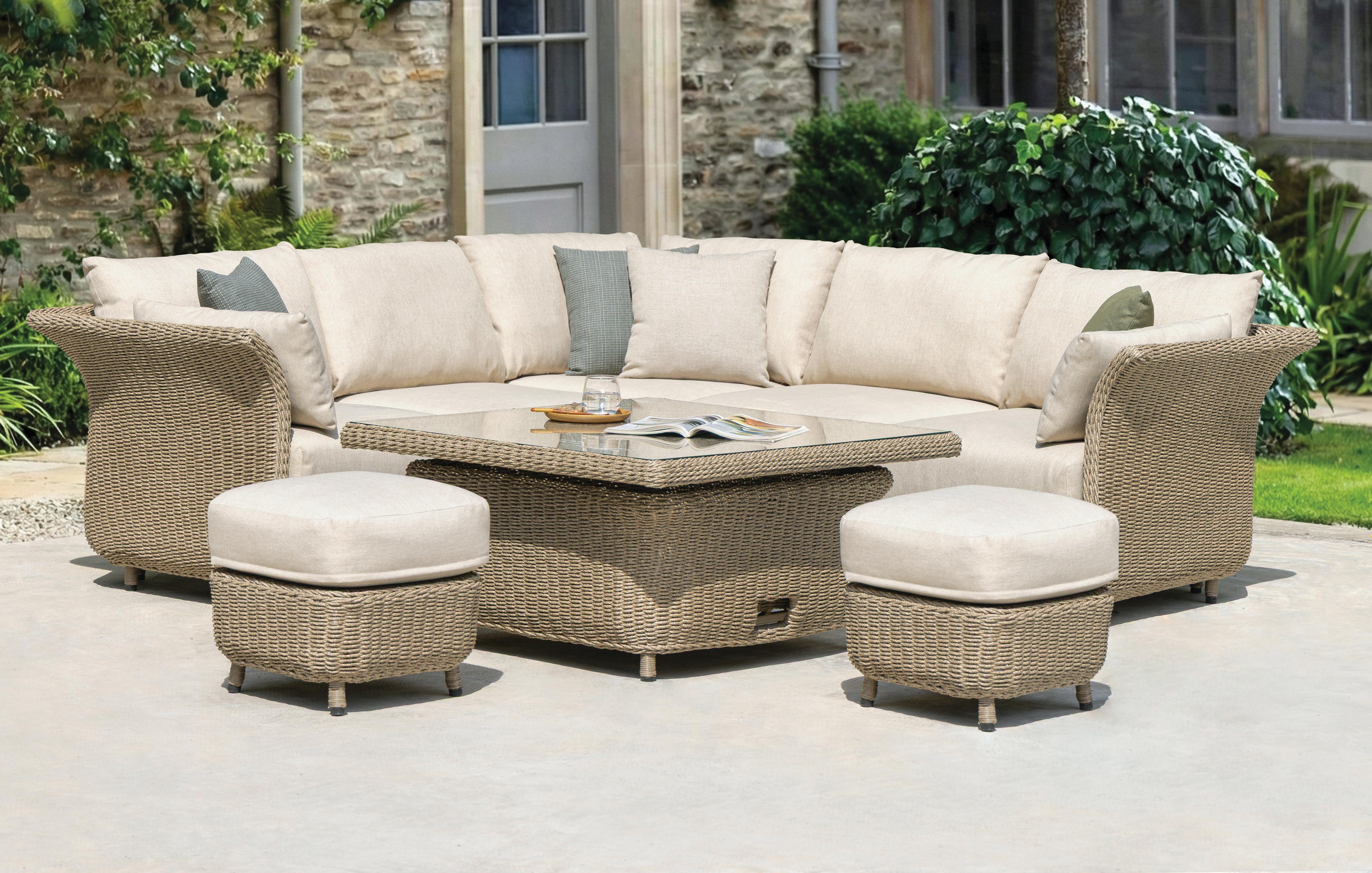 Corner Sofa, Rising Table & 2 Stools