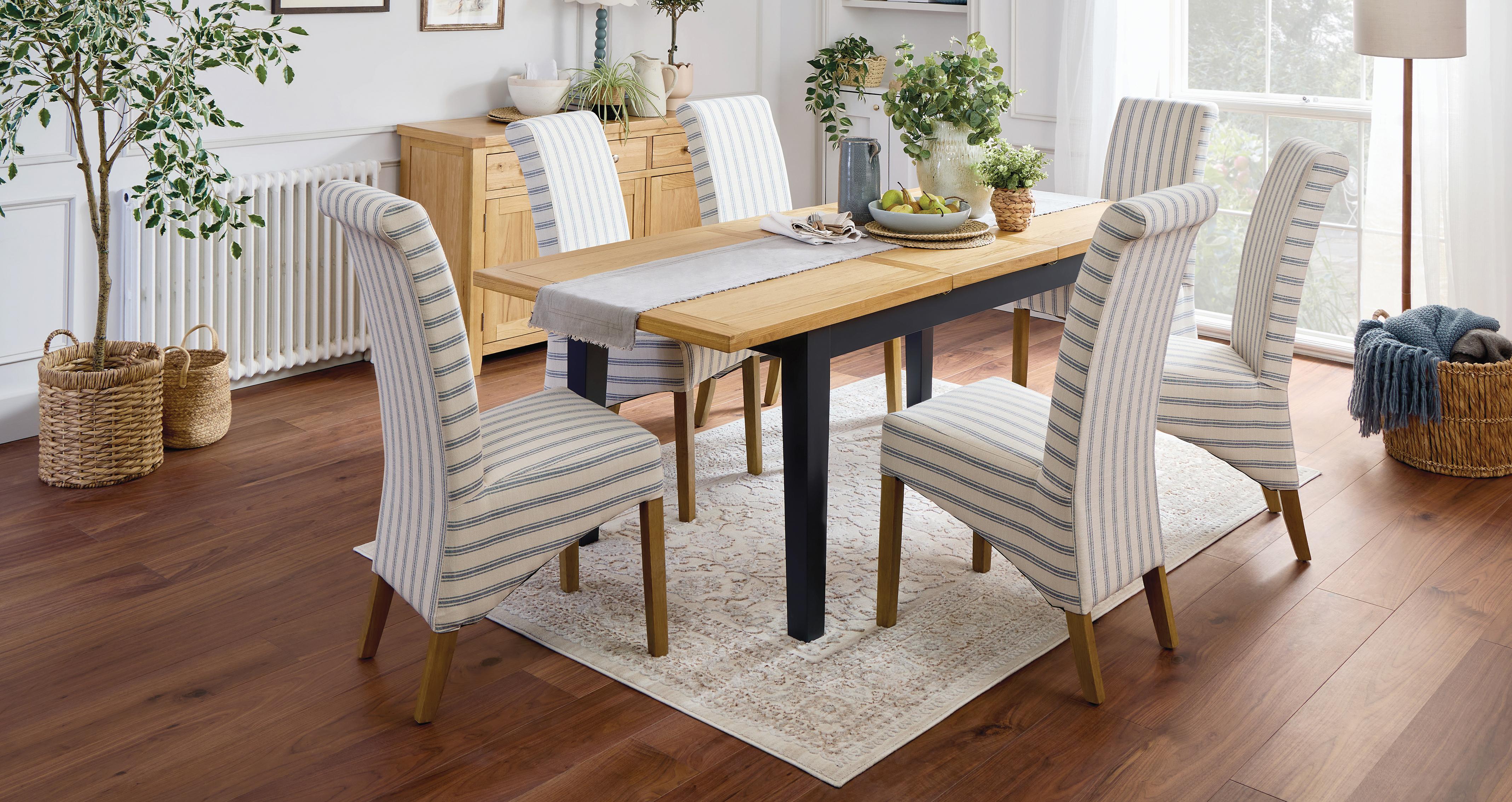 Maud Navy Dining Table 6 Navy Stripe Chairs | DFS