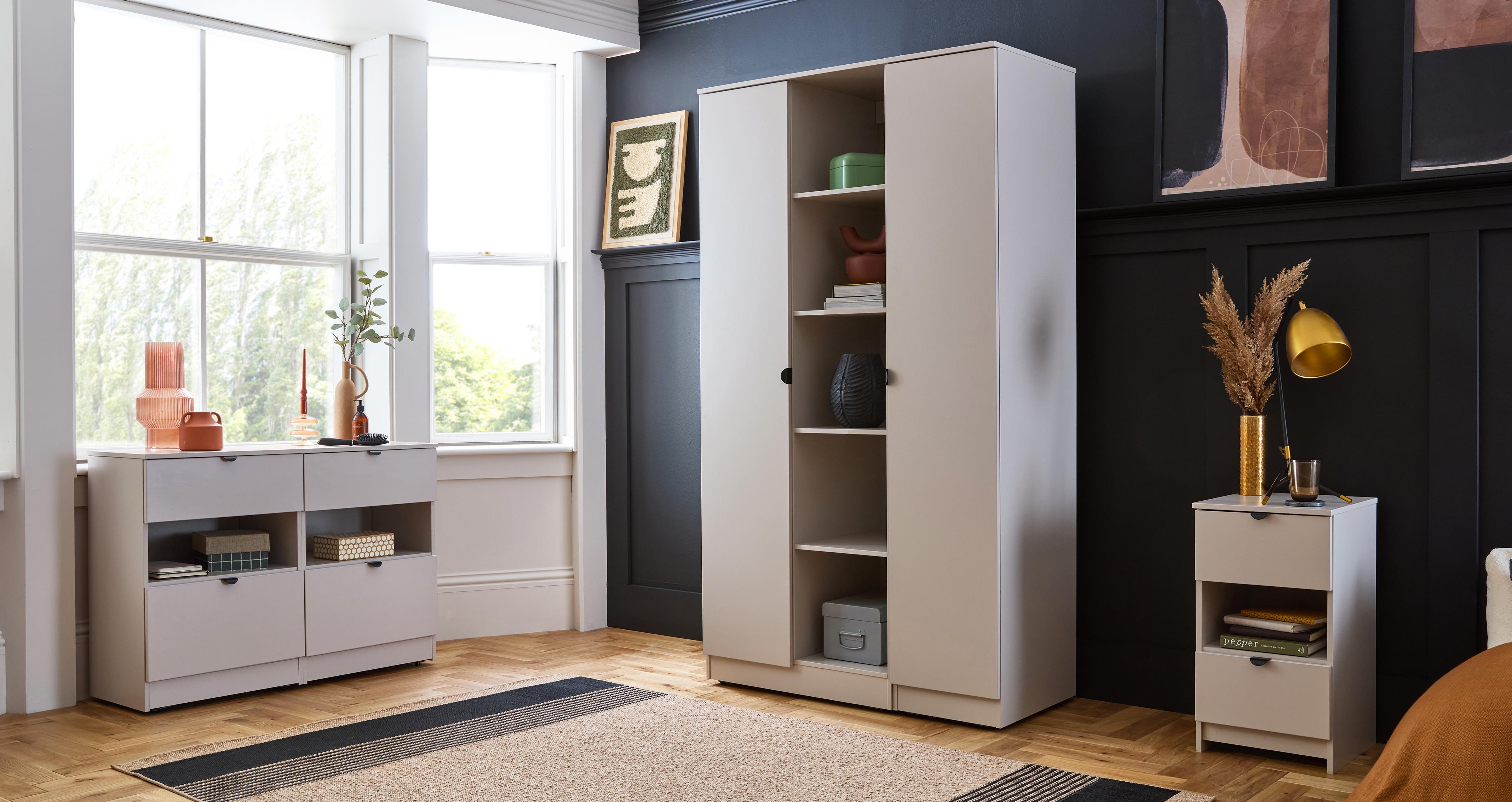 Mayci 3 Door Tall Wardrobe With Shelves in Mayci Off White