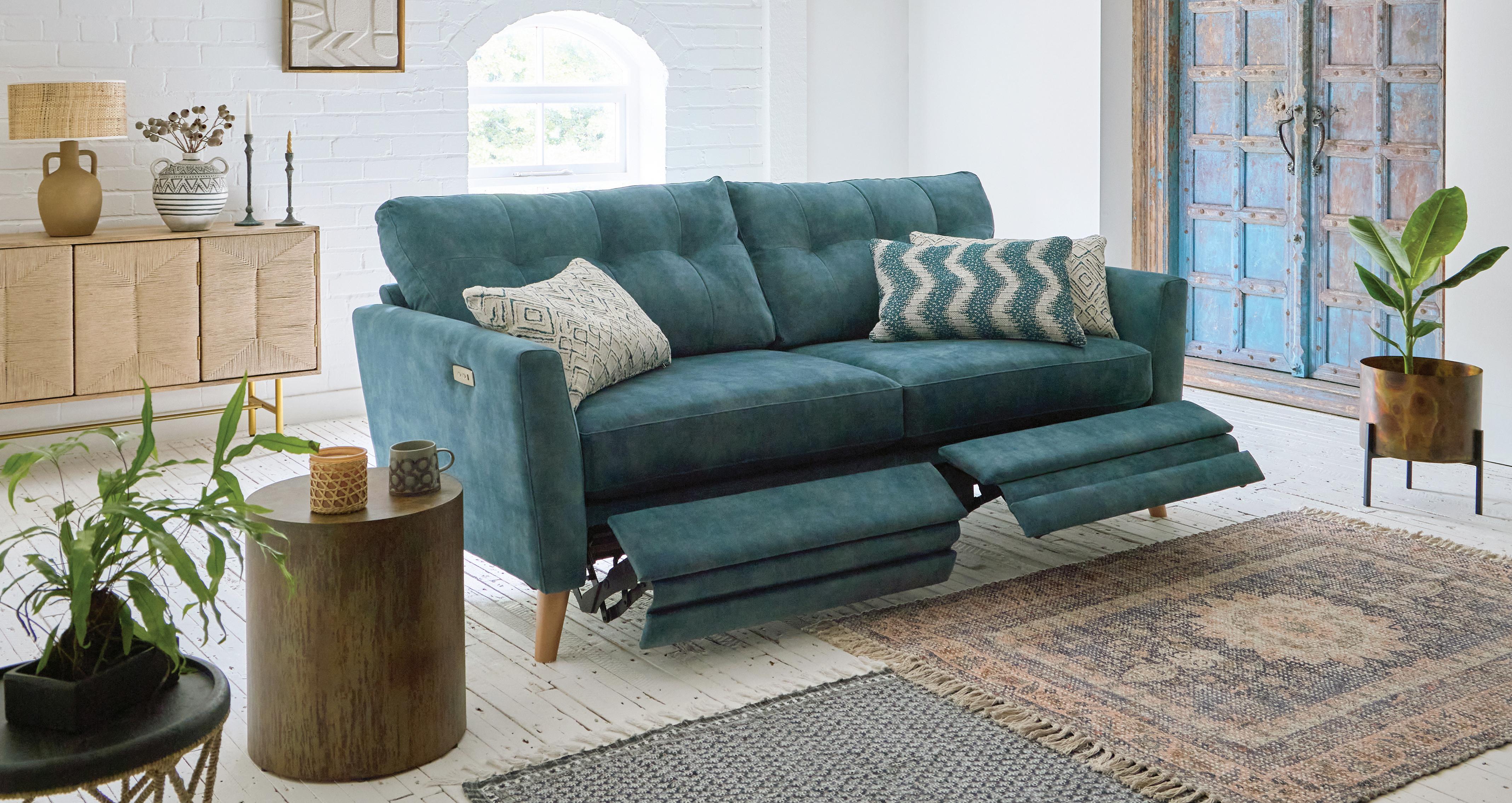 New-studio 2 Seat Motion Sofa in New Studio Velvet Ocean with Light feet