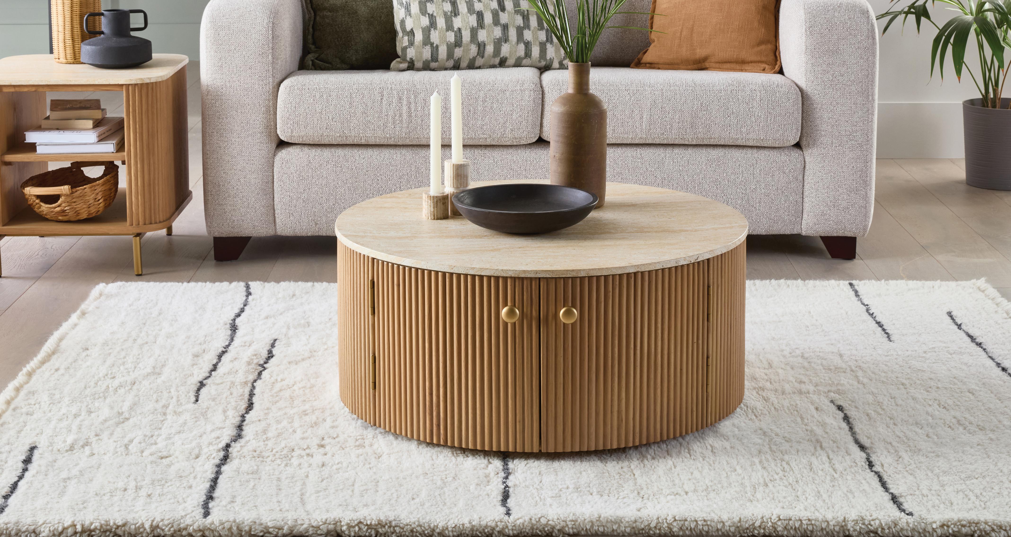 Nia Storage Coffee Table in Nia Light Oak Light Oak and Travertine