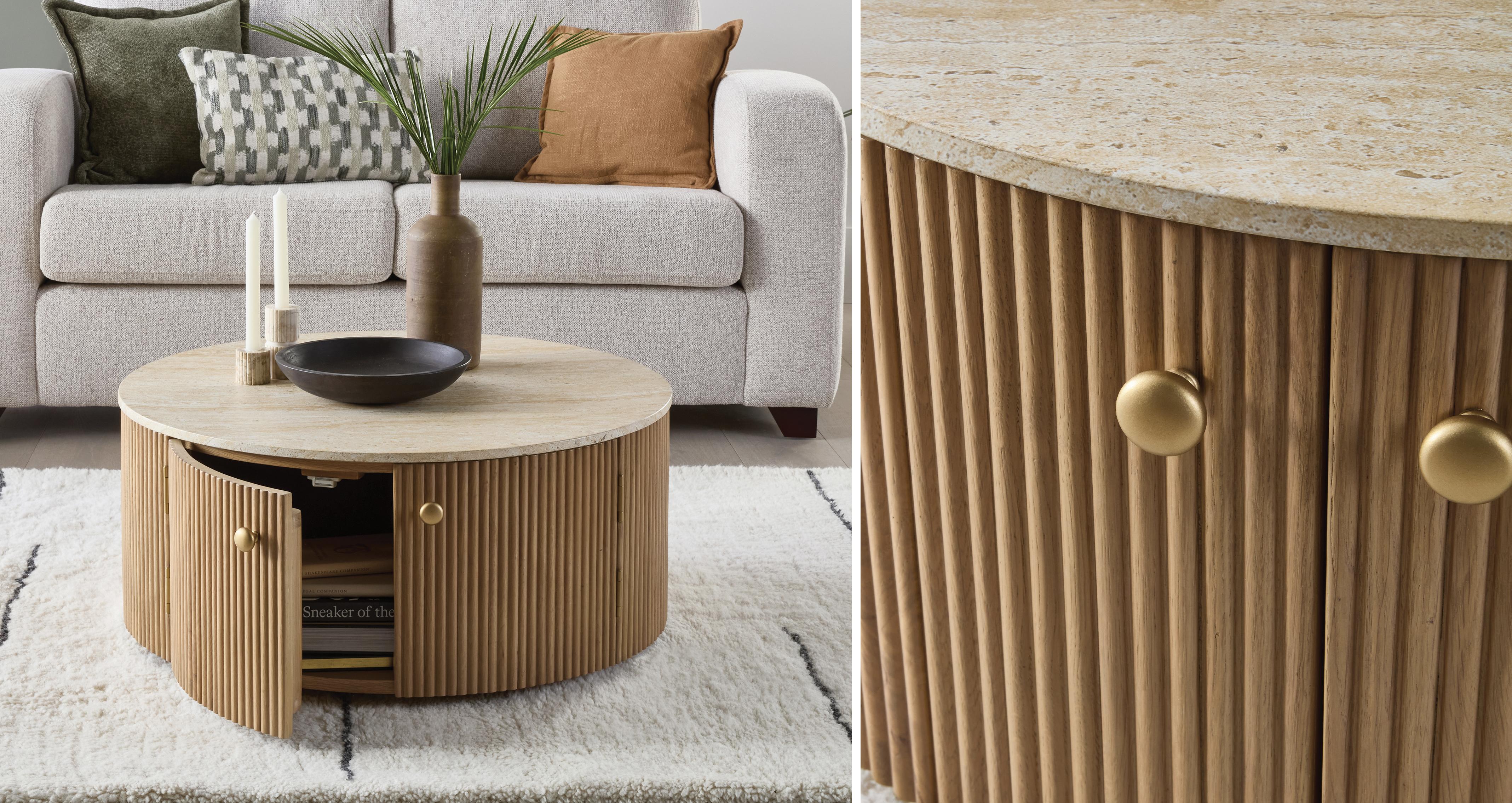Nia Storage Coffee Table in Nia Light Oak Light Oak and Travertine
