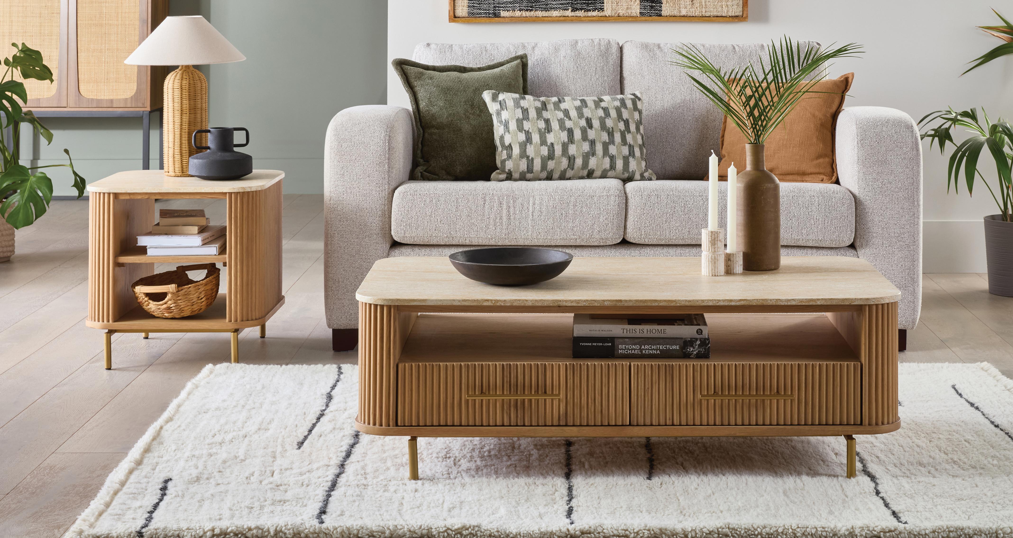 Nia Rectangular Coffee Table in Nia Light Oak Light Oak and Travertine
