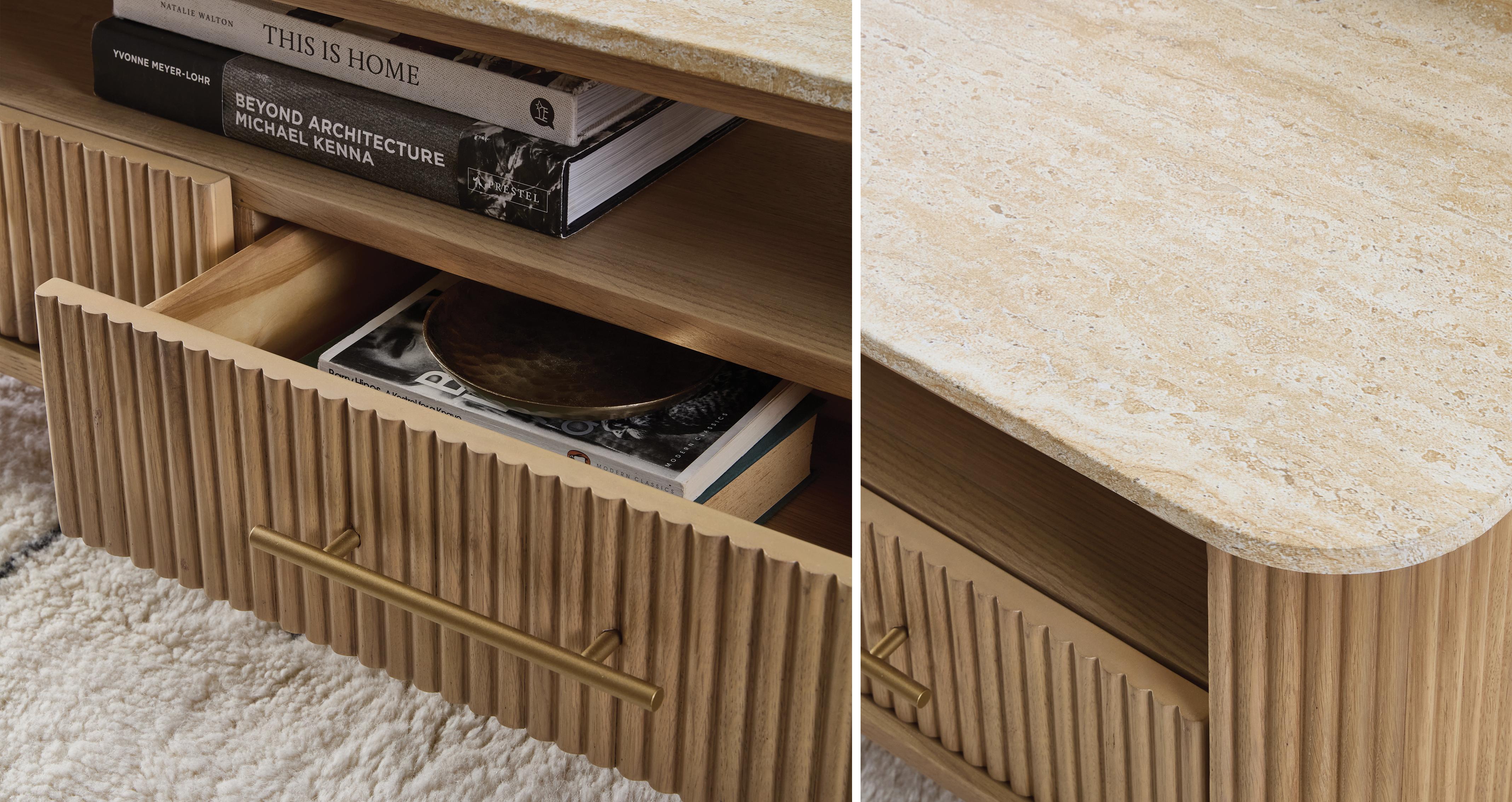 Nia Rectangular Coffee Table in Nia Light Oak Light Oak and Travertine