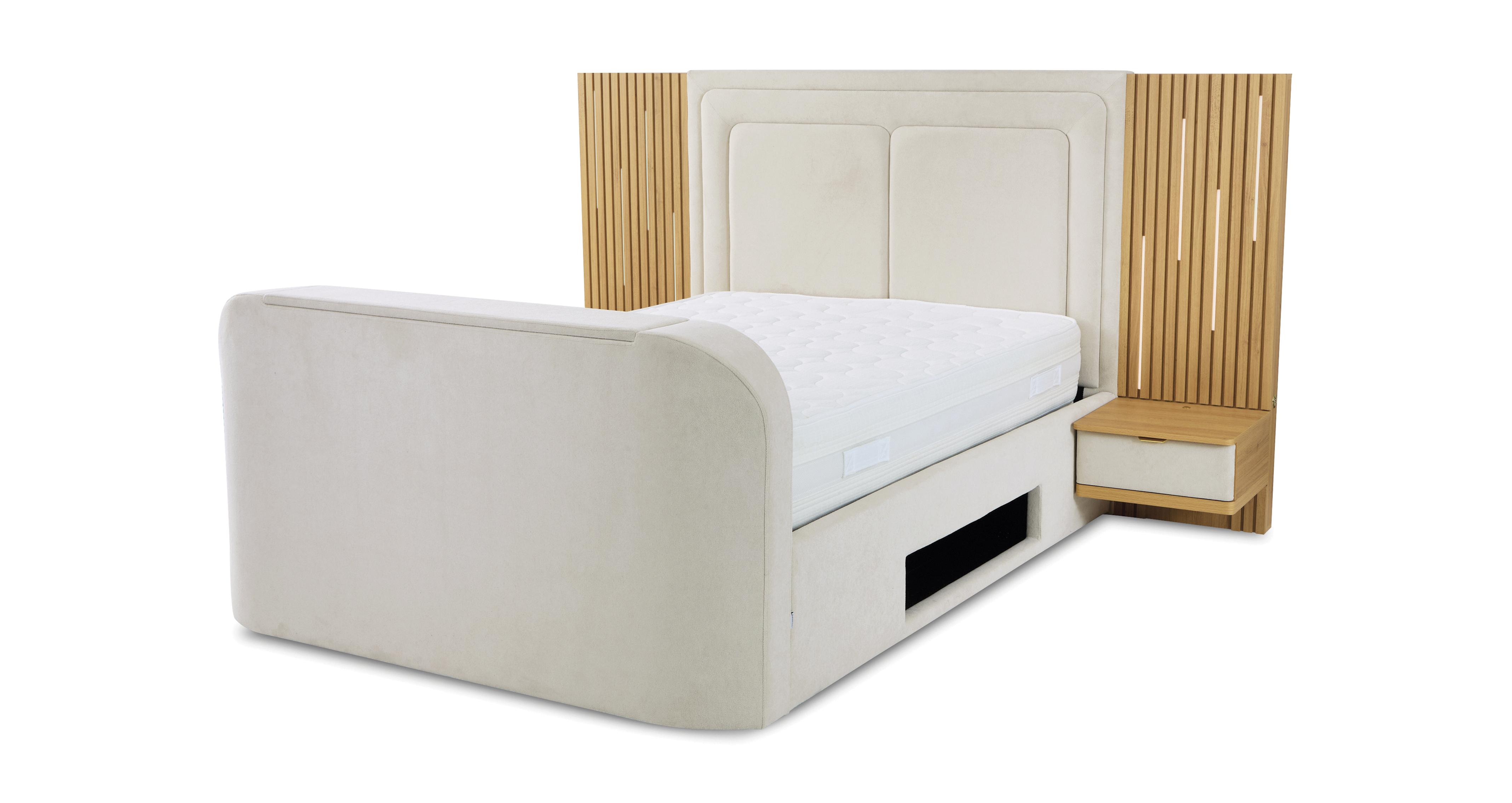 Nyota Double Ottoman Bedframe in Nyota Velvet Cream and Oak Cream and Oak