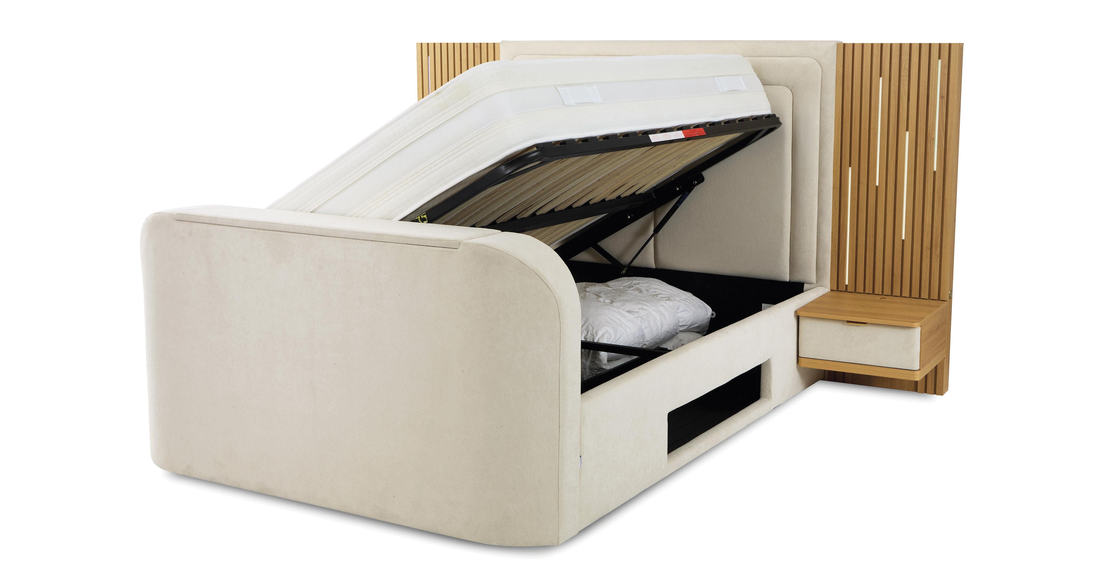 Nyota Double Ottoman Bedframe in Nyota Velvet Cream and Oak Cream and Oak
