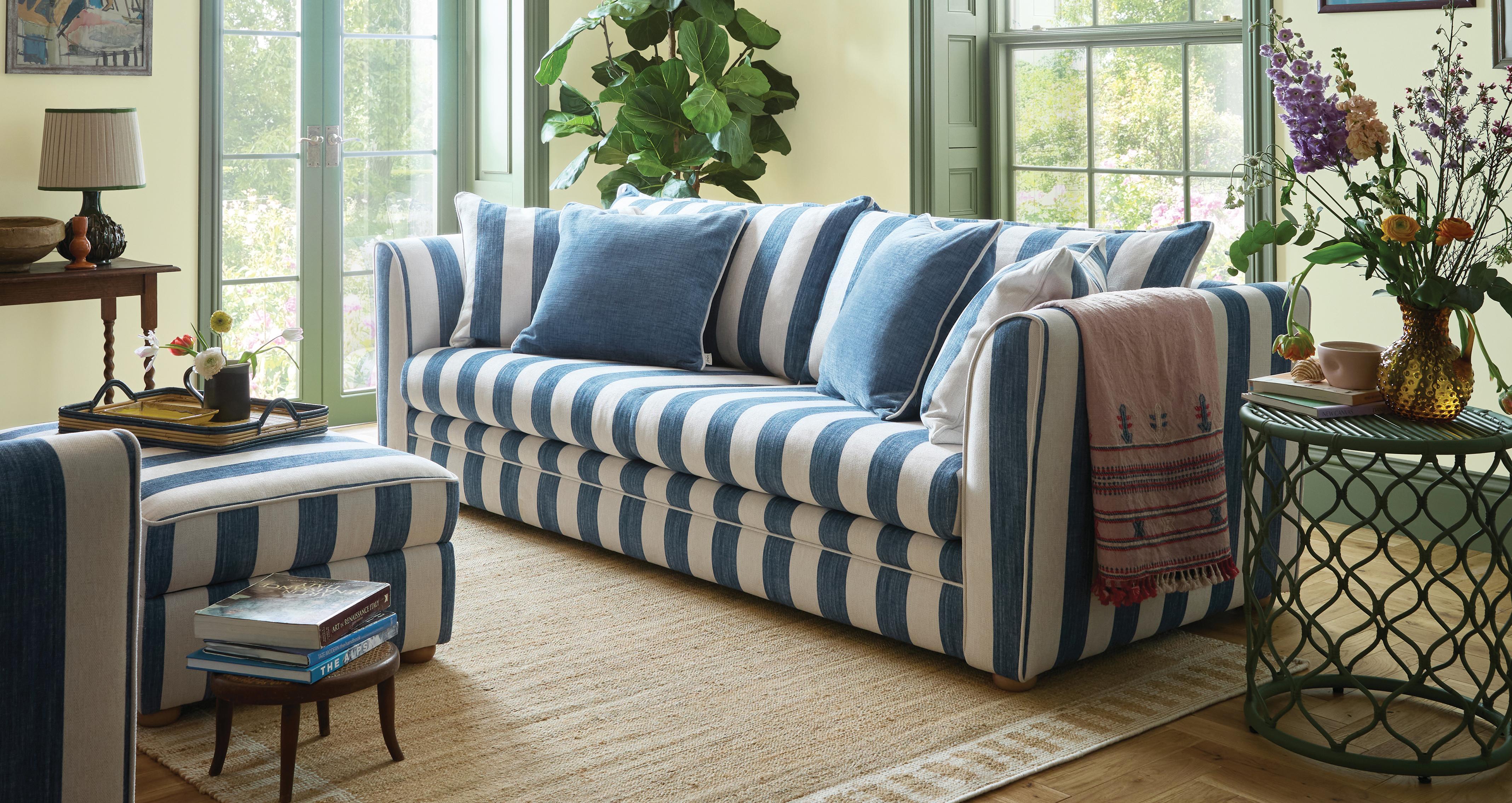 Porthleven Large Bench Stool in Porthleven Stripe Ocean with Walnut feet