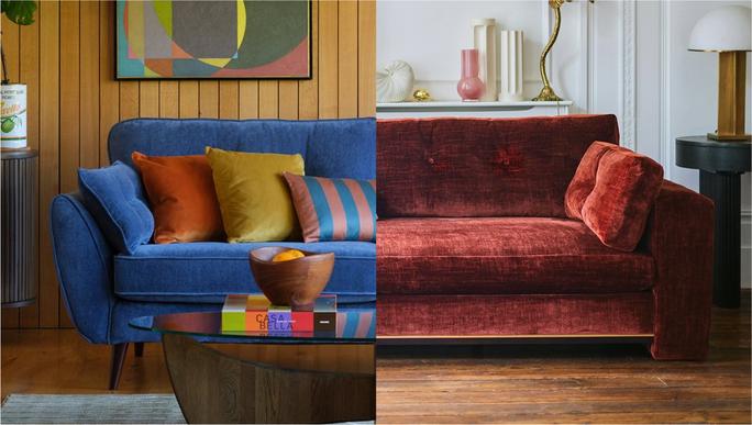 Bright blue sofa with colourful cushions in a colourful room and a dark red sofa in a bright white room
