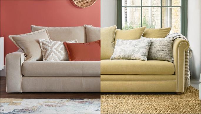 Beige sofa with orange cushions against an orange wall and a yellow traditional sofa with light cushions