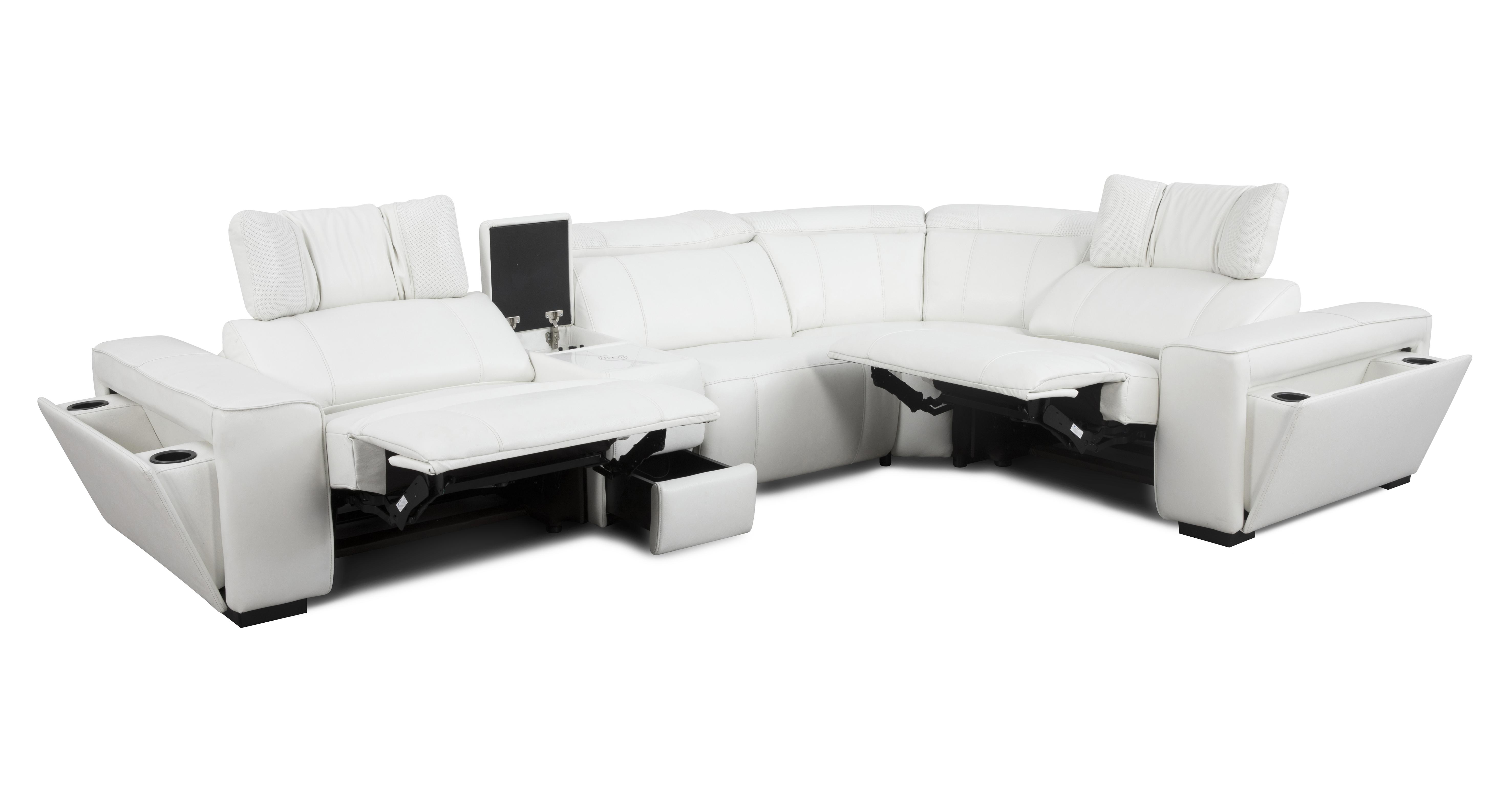 Soundwave Option E. Left Hand Facing Arm 2 Corner 1 Smart Console With 2 Arm Speaker Seats in Cavalier Leather White