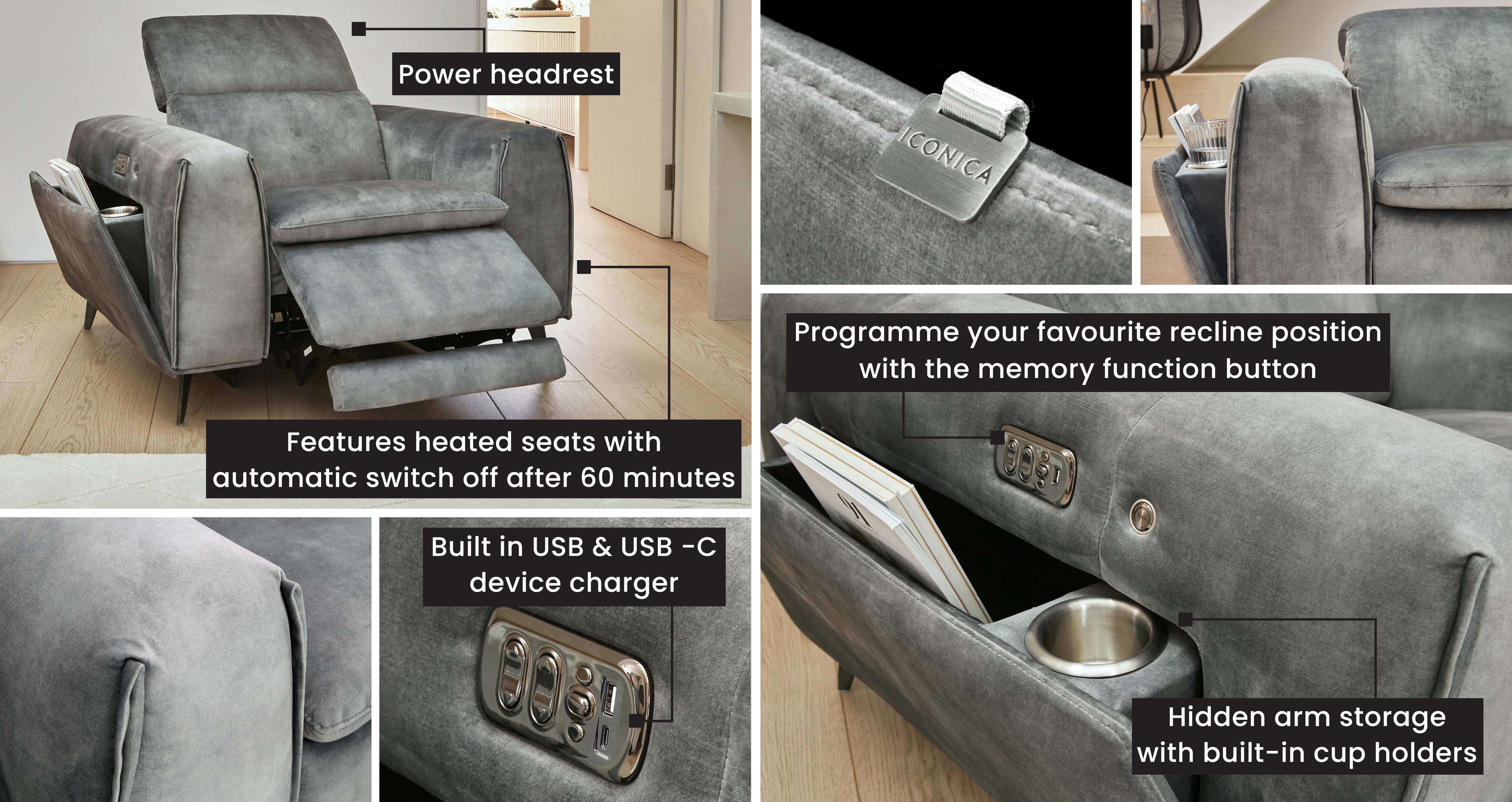 Venosa Fabric Power Storage, Heated & Memory Recliner Chair in Derosa Smoke Grey