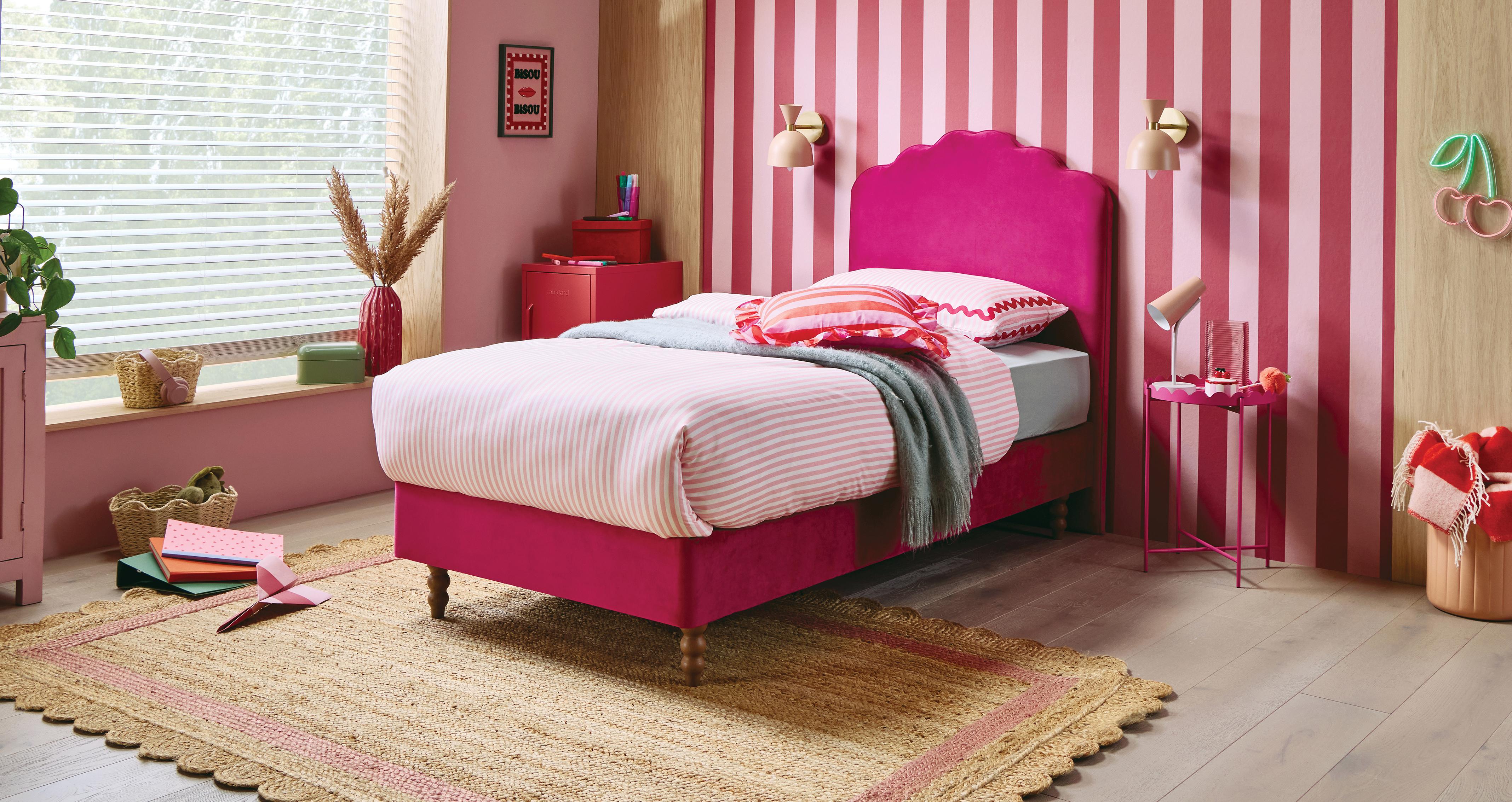 Whisper No Drawer Single Bedframe and Boyd Mattress in Plush Velvet Cerise